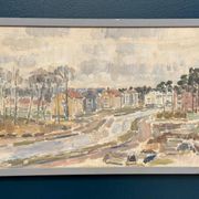Original Swedish Oil On Panel – “Seaside Town” – Vintage & Framed – 57 × 39 Cm (22.4" × 15.4")