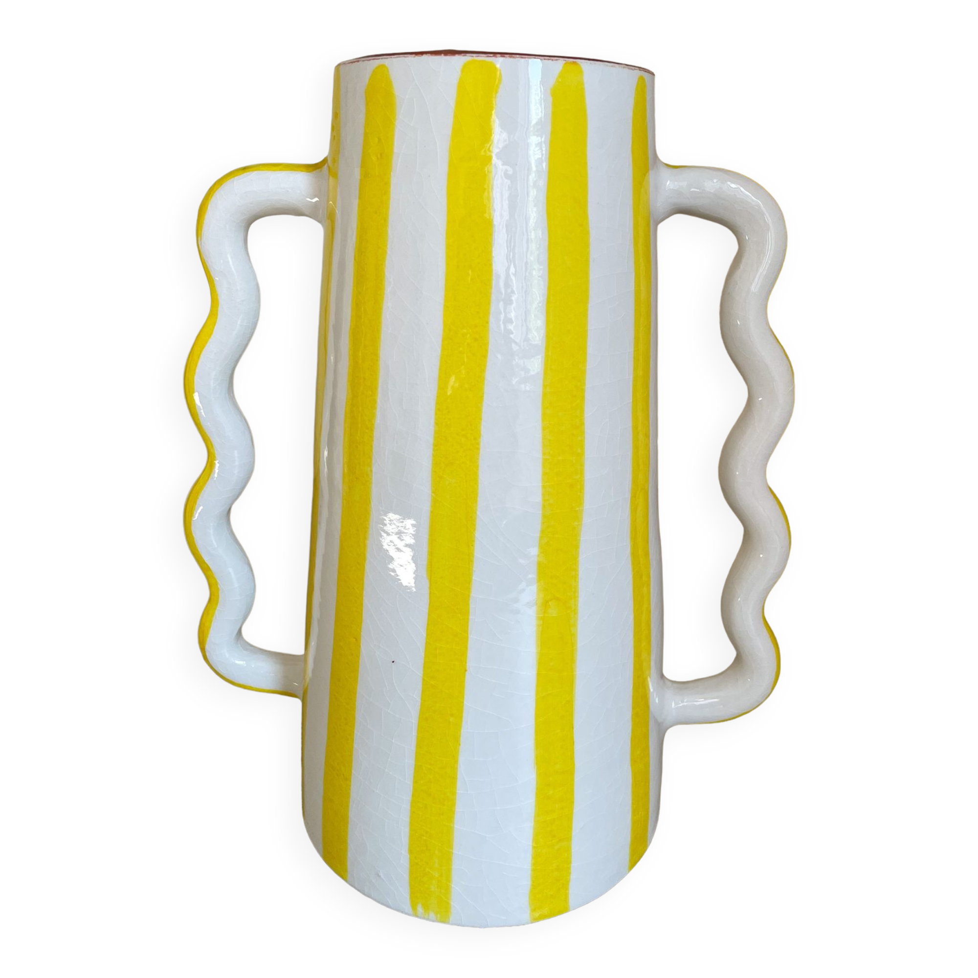 Lemon yellow and white striped ceramic vase with abstract wavy handmade handheld