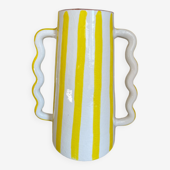 Lemon yellow and white striped ceramic vase with abstract wavy handmade handheld