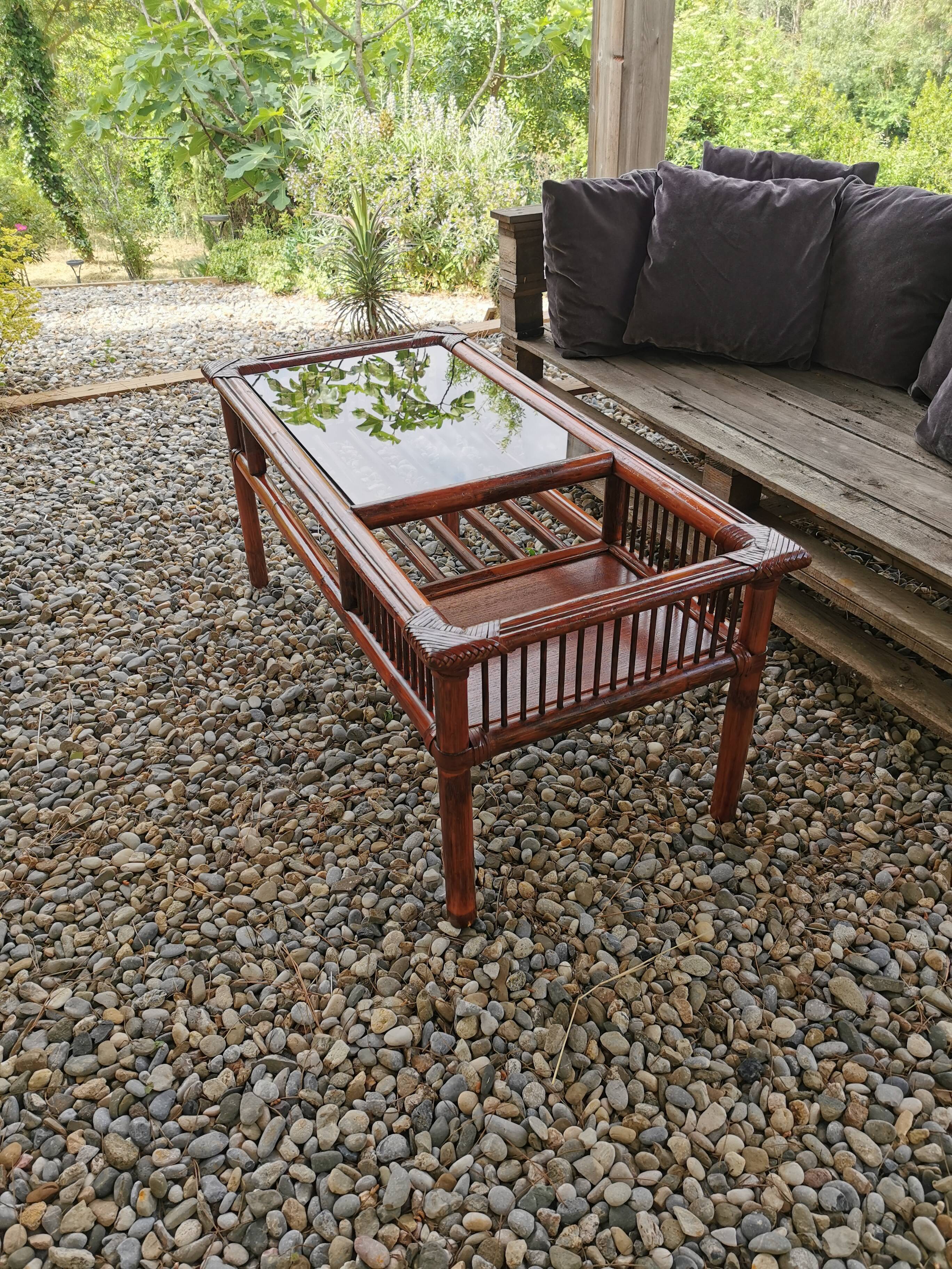 Vintage bamboo and leather coffee table