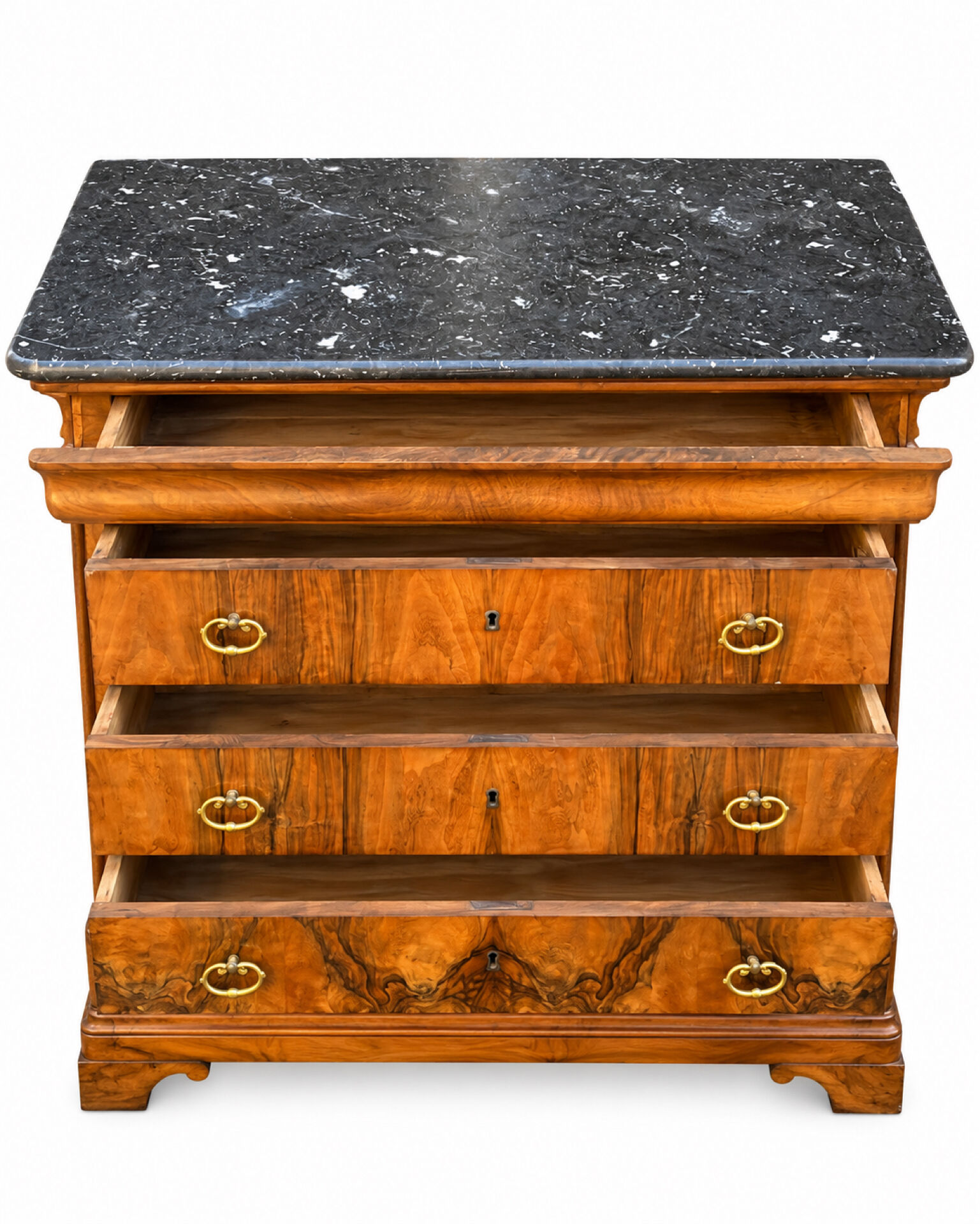 Louis-Philippe style secretary chest of drawers from the 19th century with walnut burl veneer.
