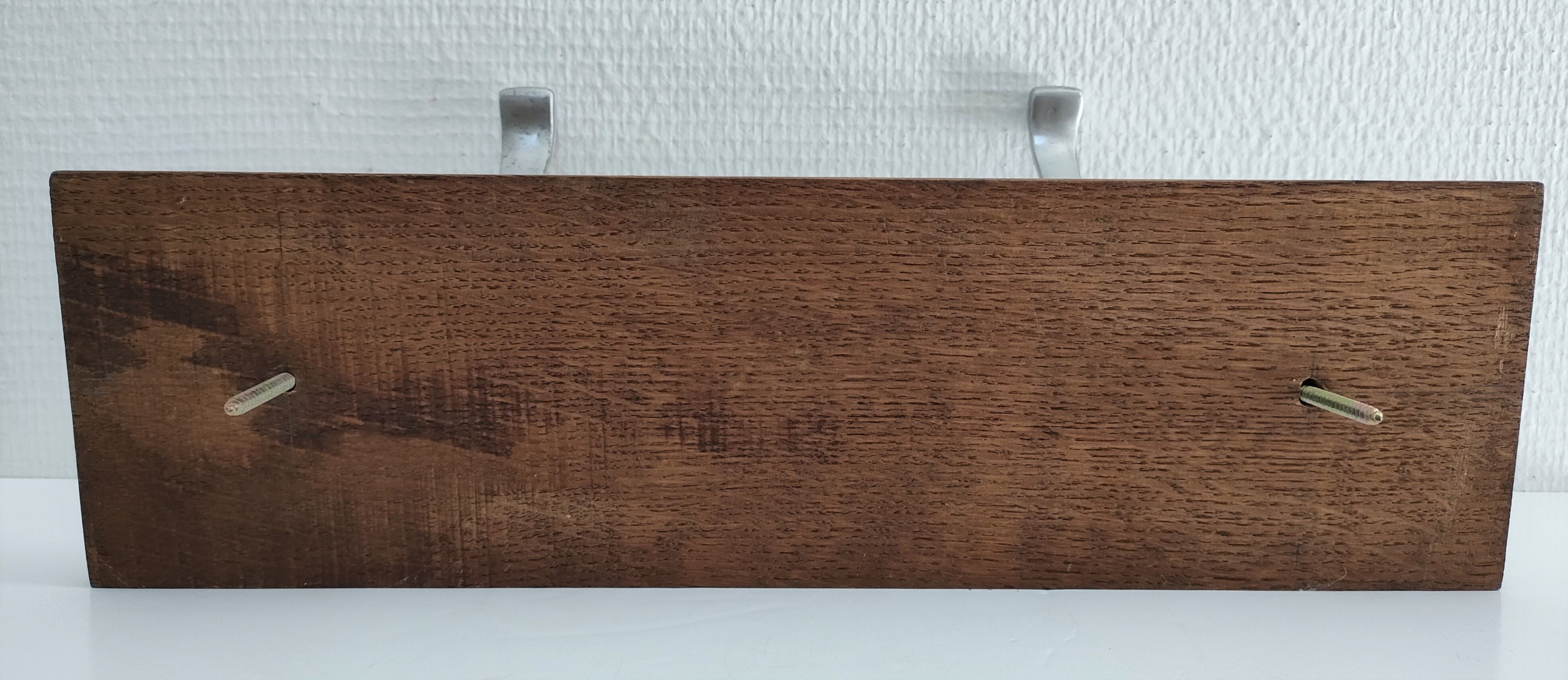 Patinated solid oak coat rack and vintage aluminum hooks
