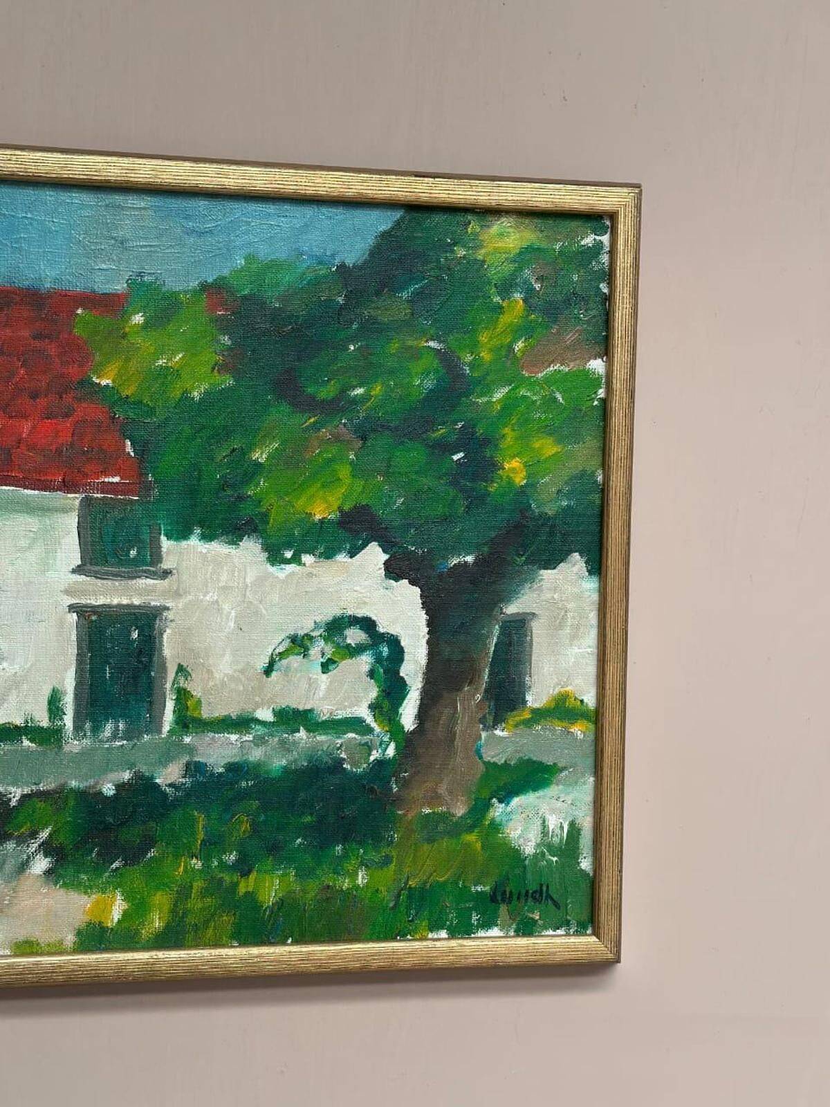 Huile sur toile suédoise « Arbre près de la maison » par Karl Bertil Lundh, milieu XXème
