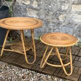 Pair of rattan tripod coffee tables 1950