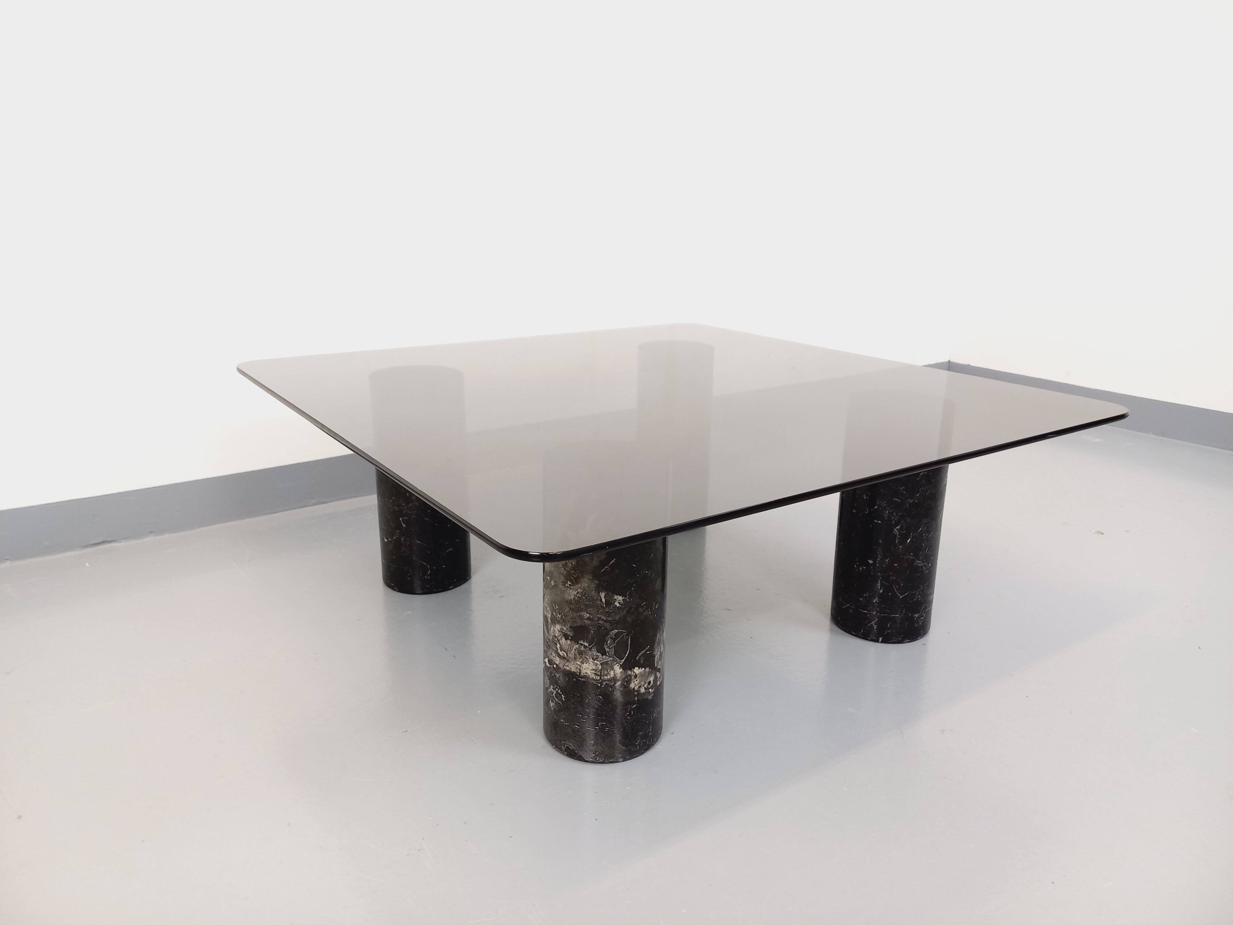 Vintage Italian square marble and glass coffee table from the 70s