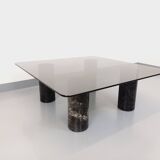 Table basse italienne carrée vintage en marbre et verre des années 70