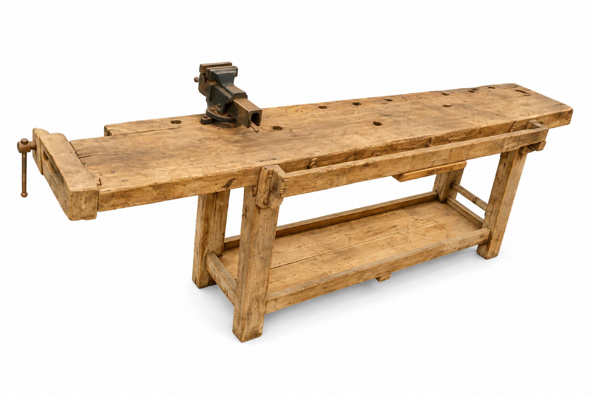 French carpenter's workbench made of solid beech, early 20th century.