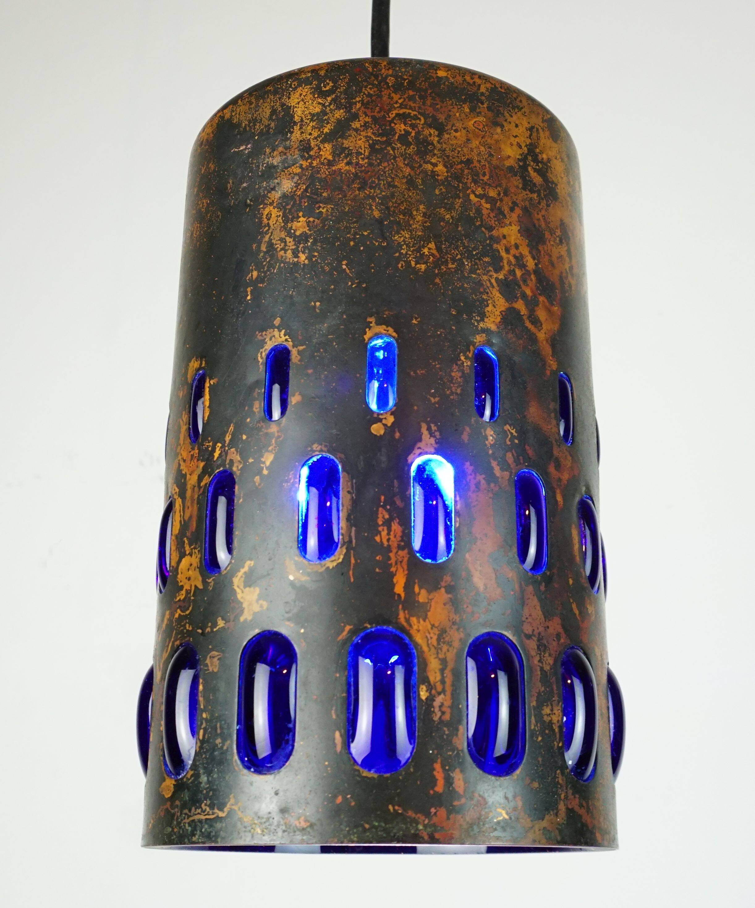 mid century modern PENDANT LAMP flamed copper and blue glass 1960s