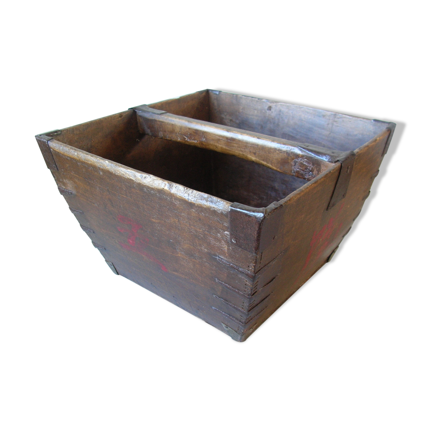 Old Asian Japanese Chinese rice basket in wood sinogram painted metal reinforcement