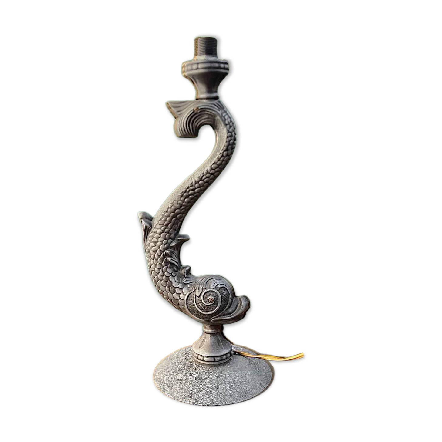 Sculptural metal lamp base – Stylised fish, 1950s