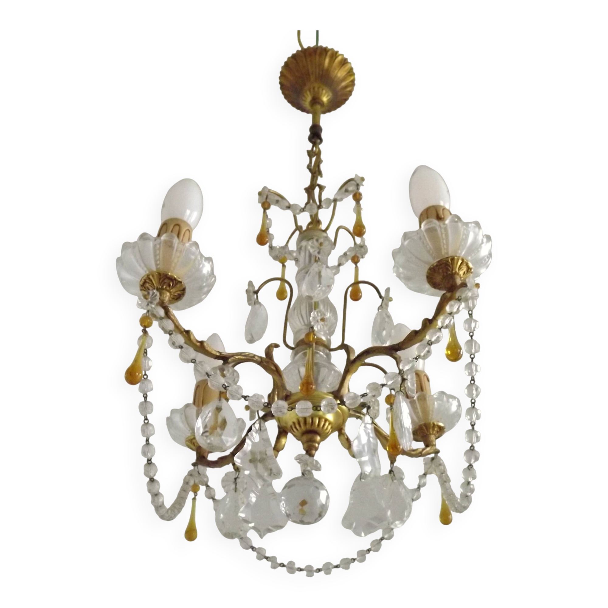 Vintage 4-Light Bronze, Glass & Crystal Chandelier with Amber Glass Drops