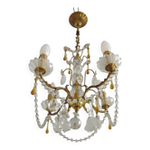 Vintage 4-Light Bronze, Glass & Crystal Chandelier with Amber Glass Drops
