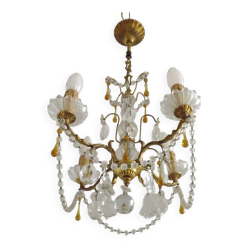 Chandelier vintage à 4 lumières en bronze, verre et cristal avec des gouttes en verre ambre.