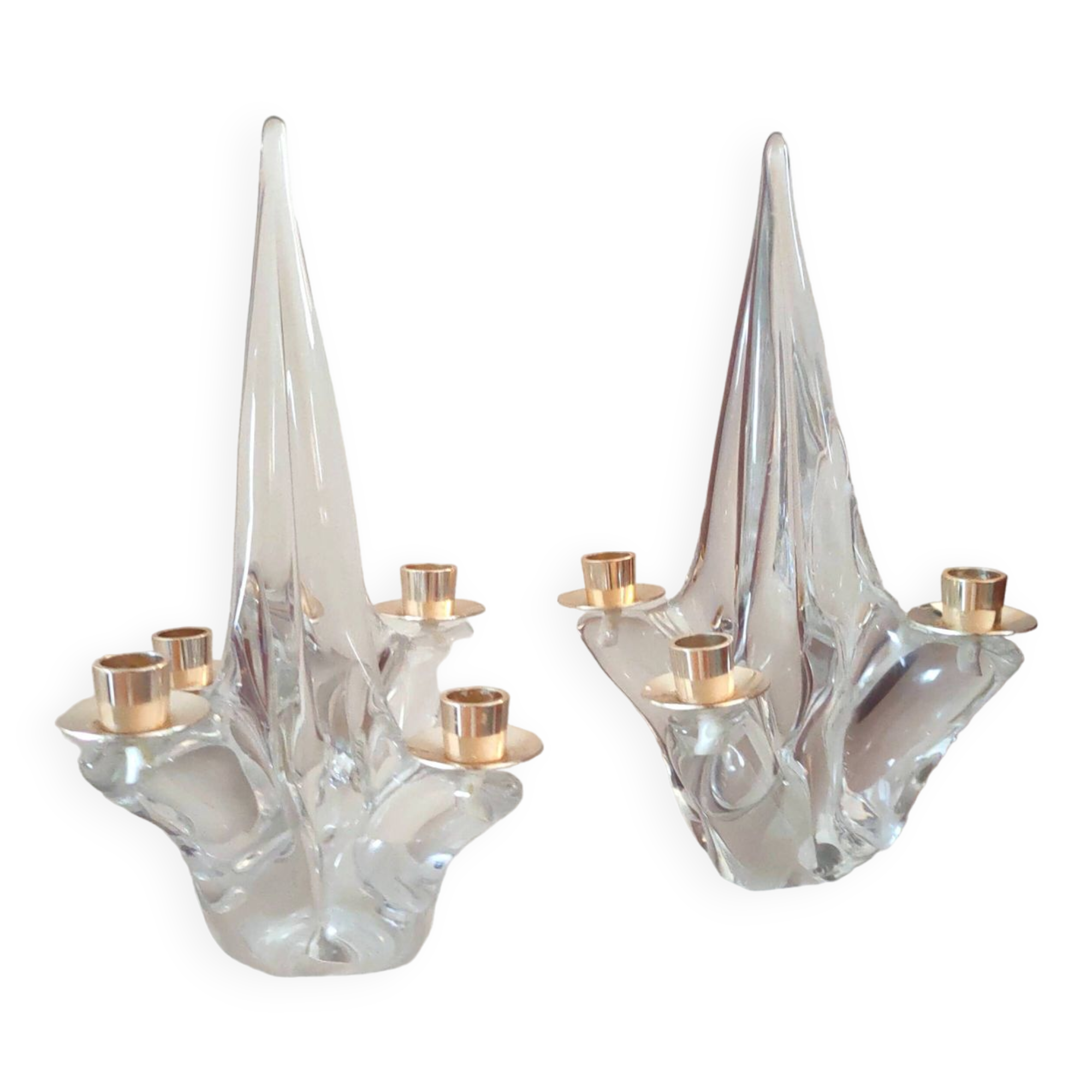 Pair of vintage Schneider crystal and brass candlesticks