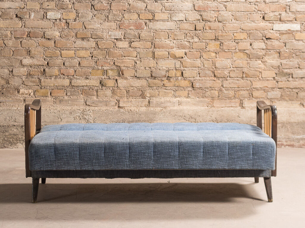 Sofa bed in solid beech with blue fabric, circa 1970