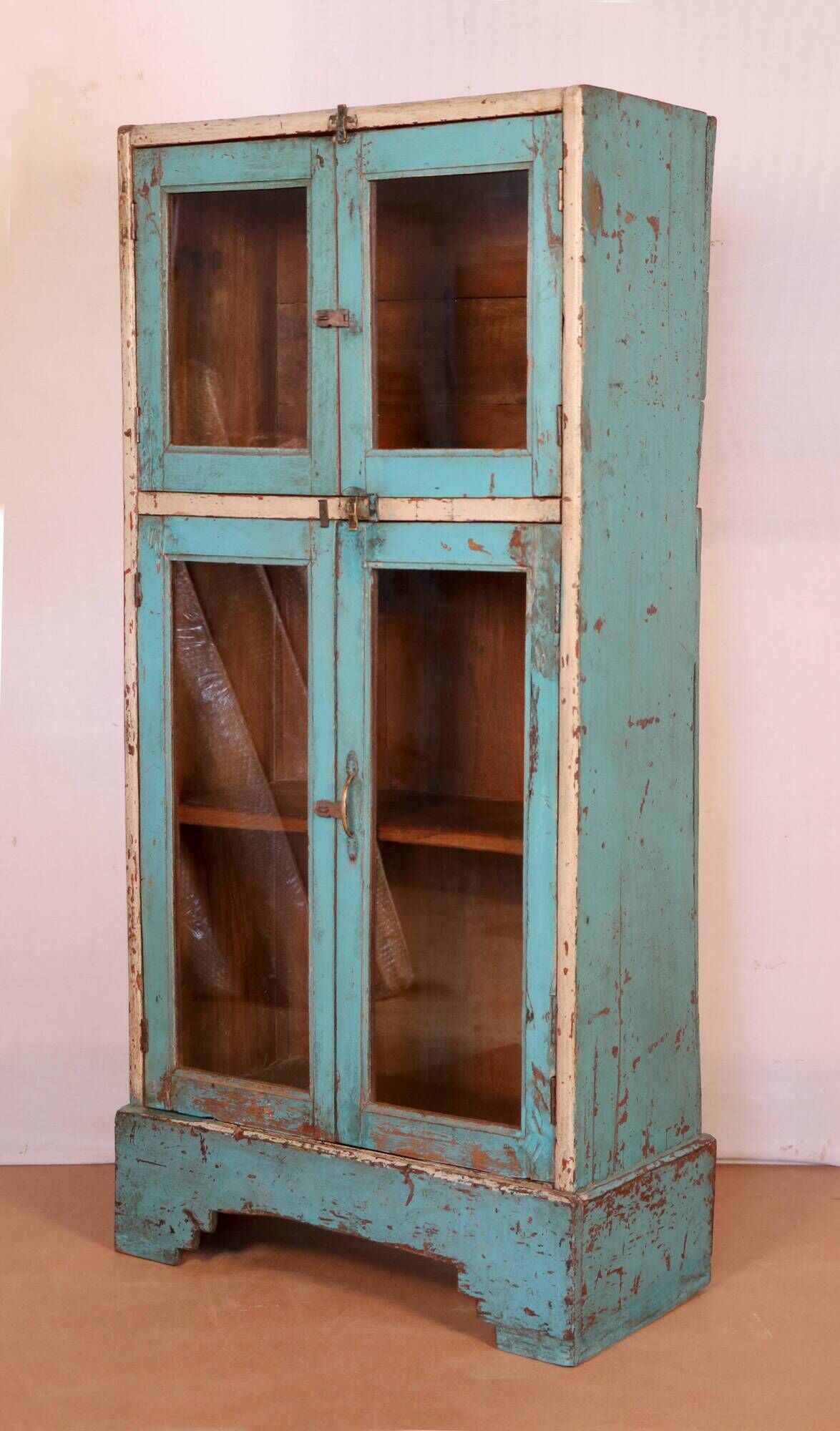 Old art deco showcase in original turquoise-white patina burmese teak