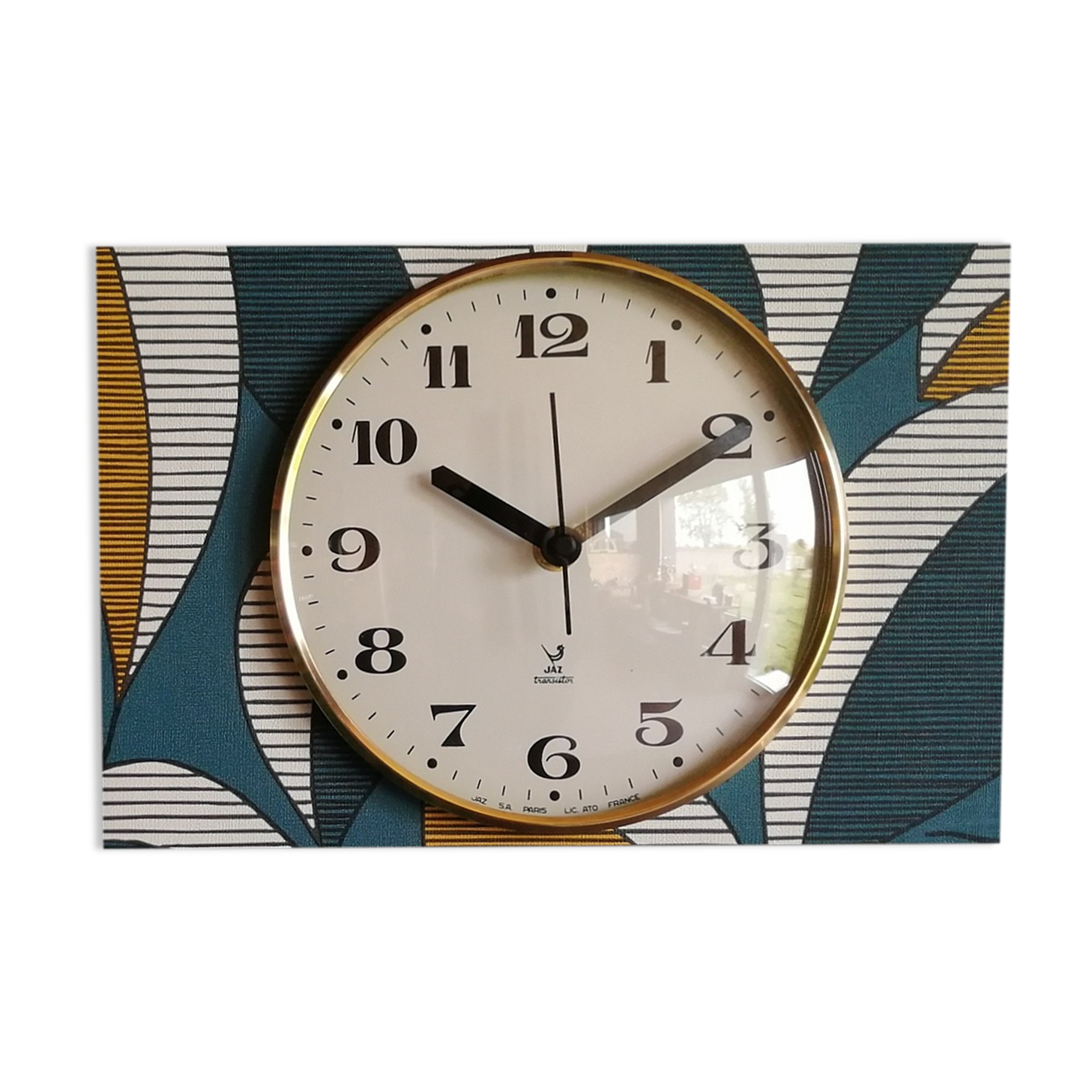 Vintage clock rectangular silent wall clock "Jaz blue white ochre"
