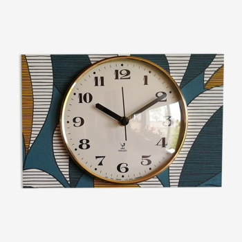 Horloge vintage pendule murale silencieuse rectangulaire "Jaz bleu blanc ocre"