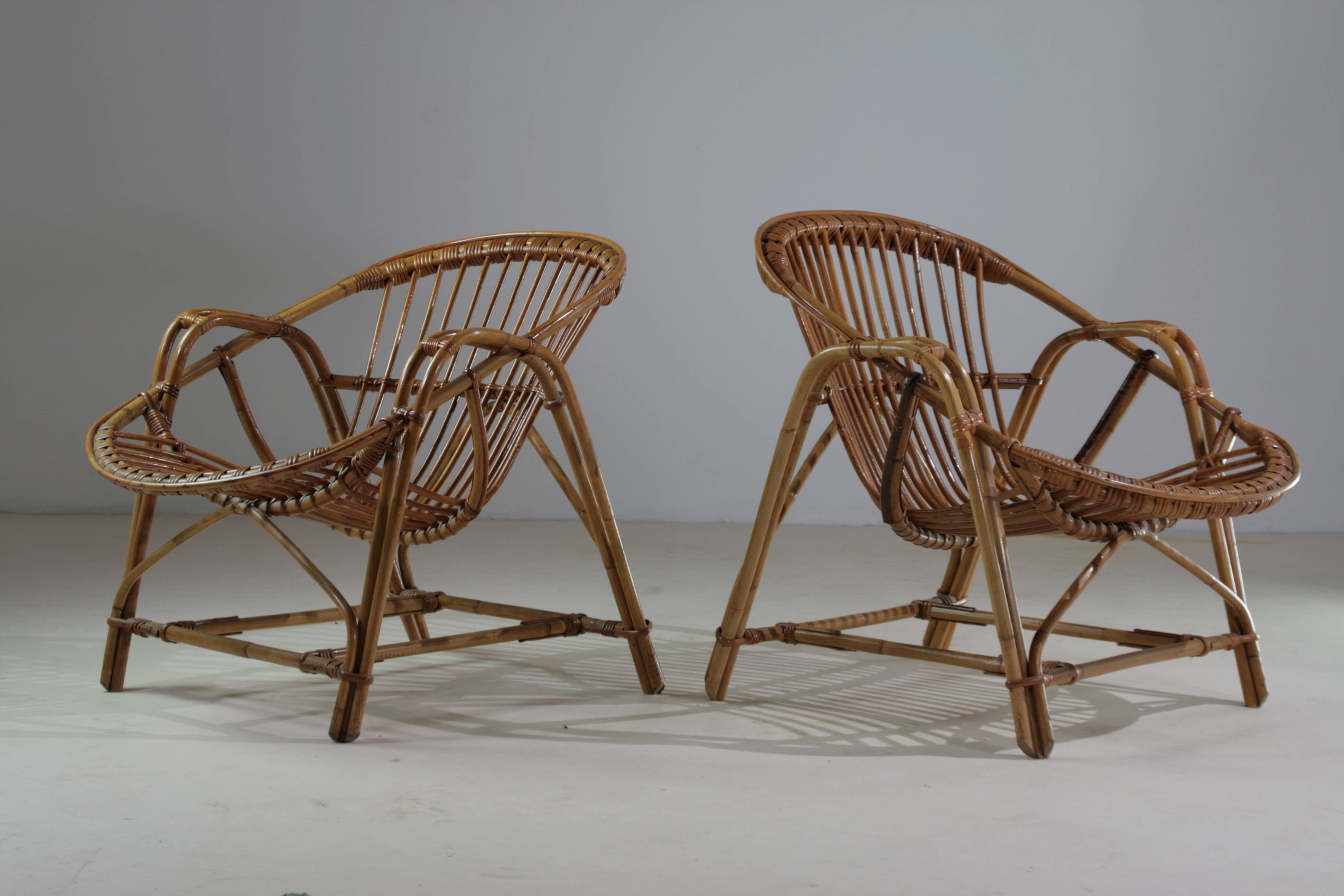 Pair of shell armchairs in rattan, France 1960