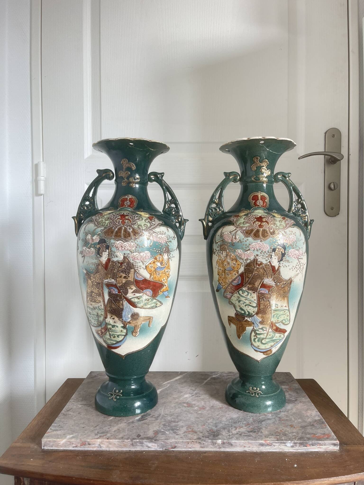 Antique Pair of Japanese Green Moriage Vases Baluster Amphora Flowers Restored