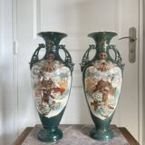 Antique Pair of Japanese Green Moriage Vases Baluster Amphora Flowers Restored