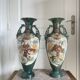 Antique Pair of Japanese Green Moriage Vases Baluster Amphora Flowers Restored