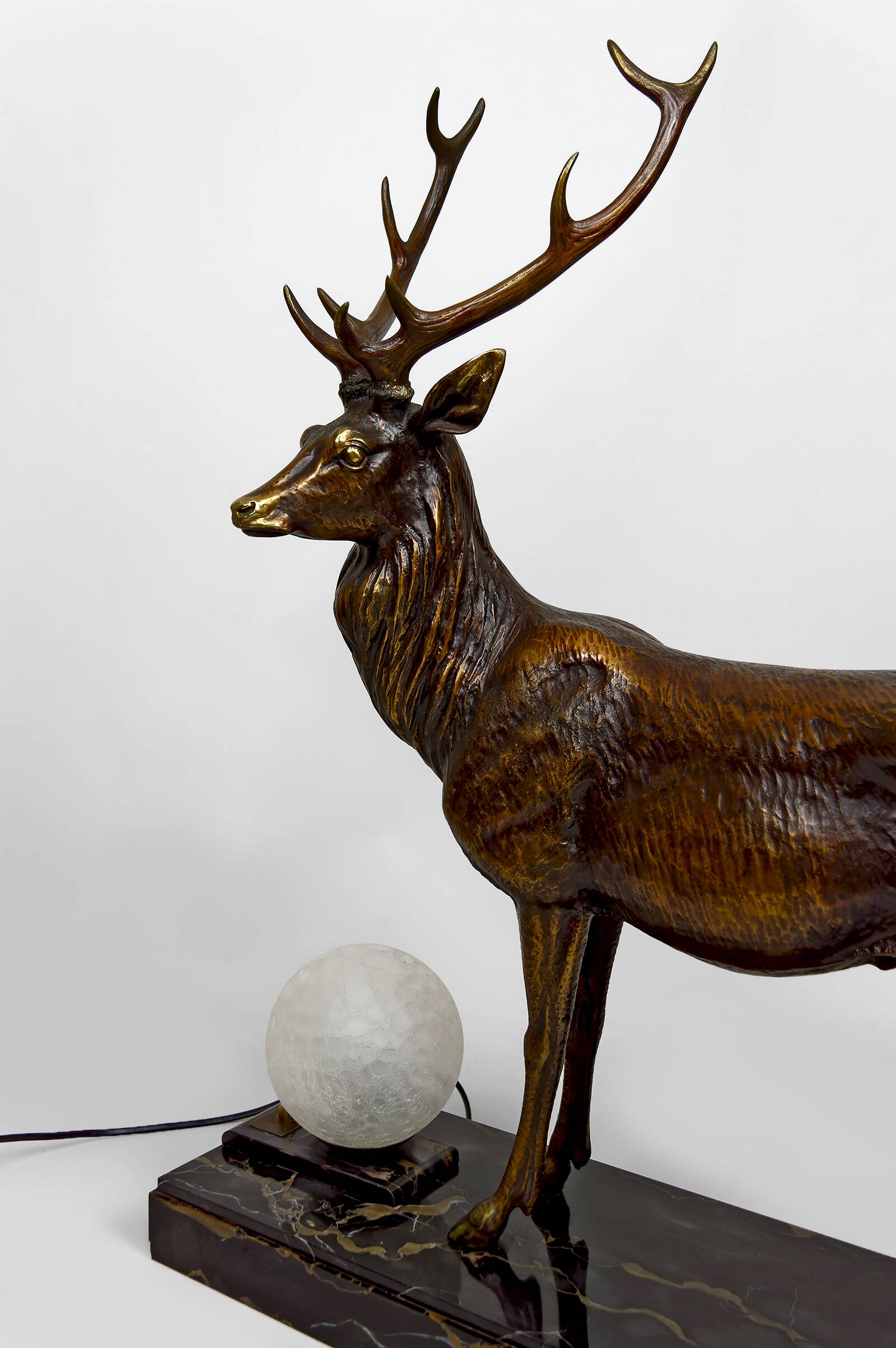 Important Bronze and Marble Sculptural Lamp, Deer, Art Deco, France