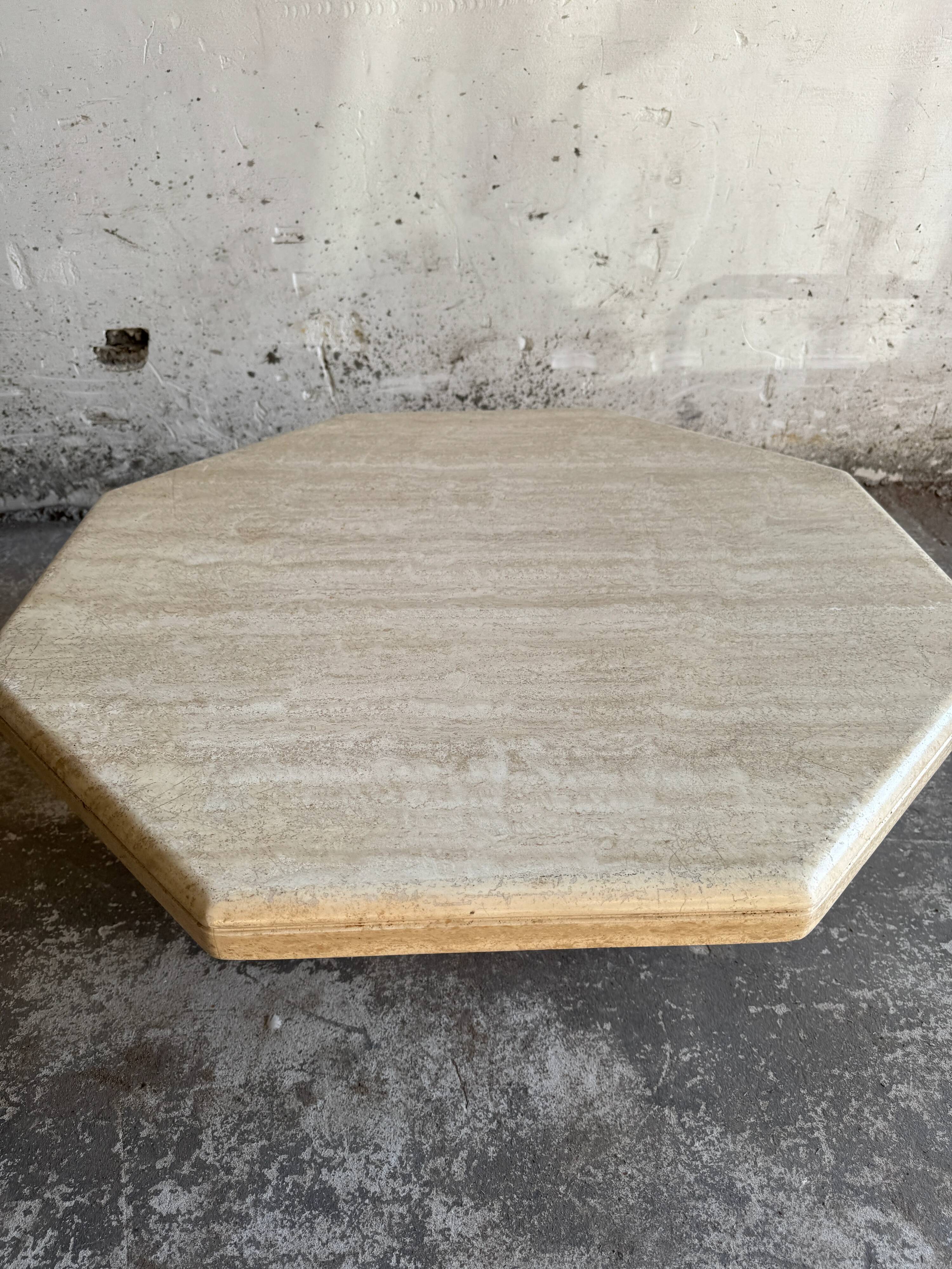 Beige Travertine Sculptural Coffee Table — Hexagonal Solid Natural Stone, Brutalist Design