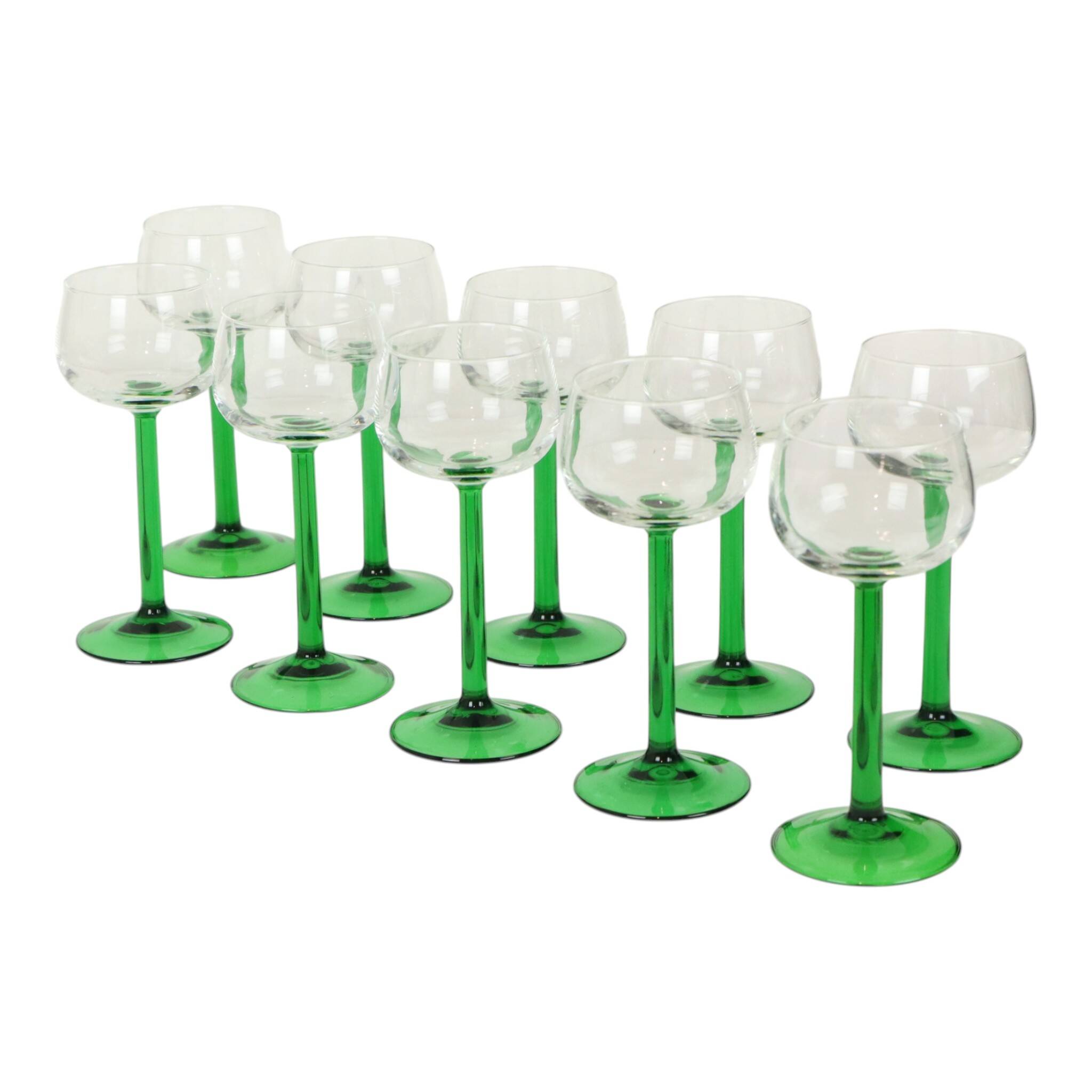 Set of 10 Vintage Luminarc Alsace Wine Glasses Thick Green Stems