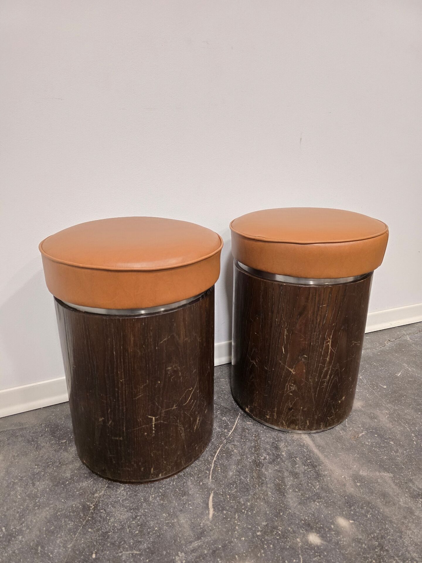 1970s Vintage Wooden Stool – Faux Leather Cushion & Aluminium Trim