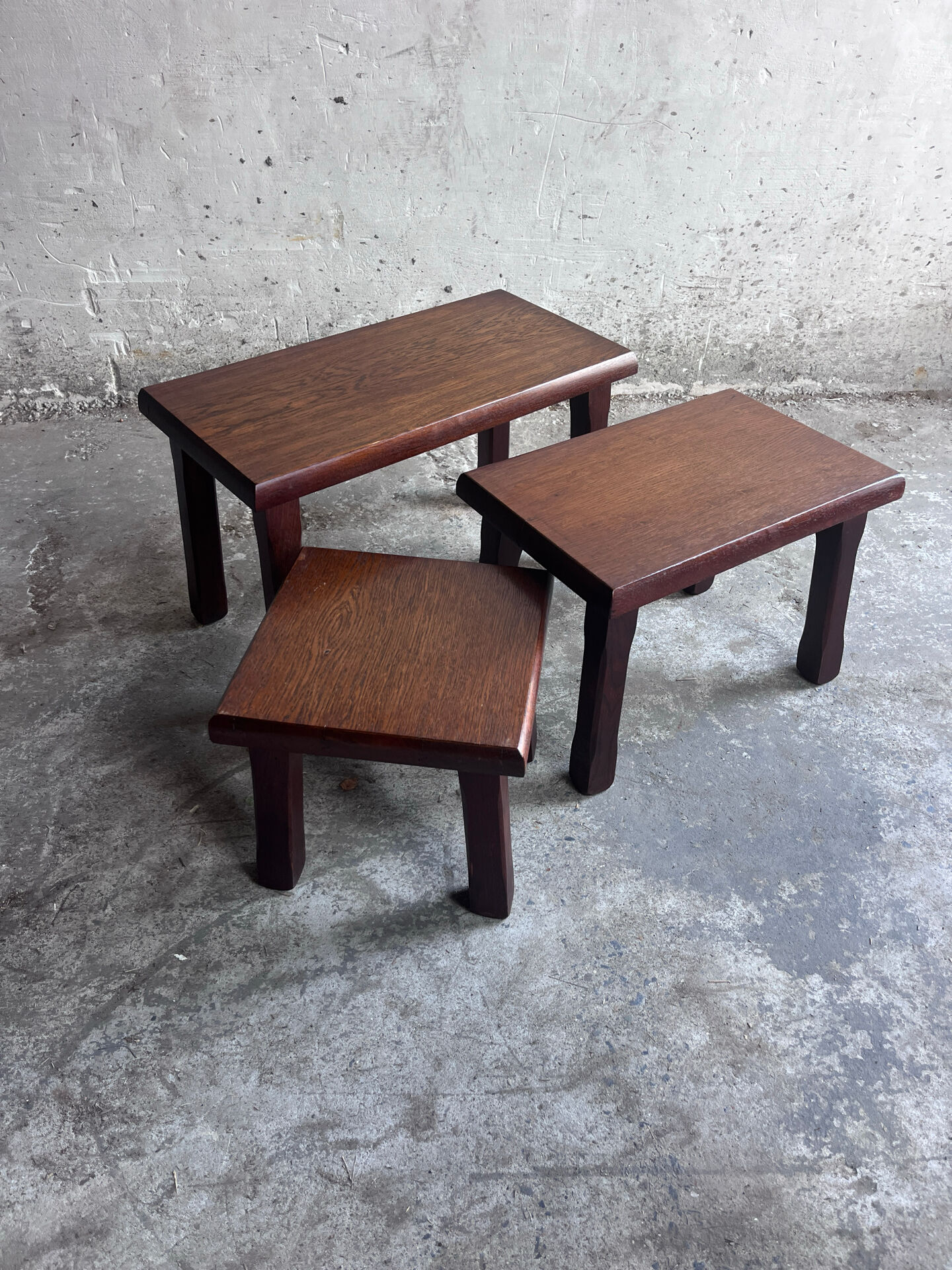 Set of three brutalist nesting tables, 1970s.
