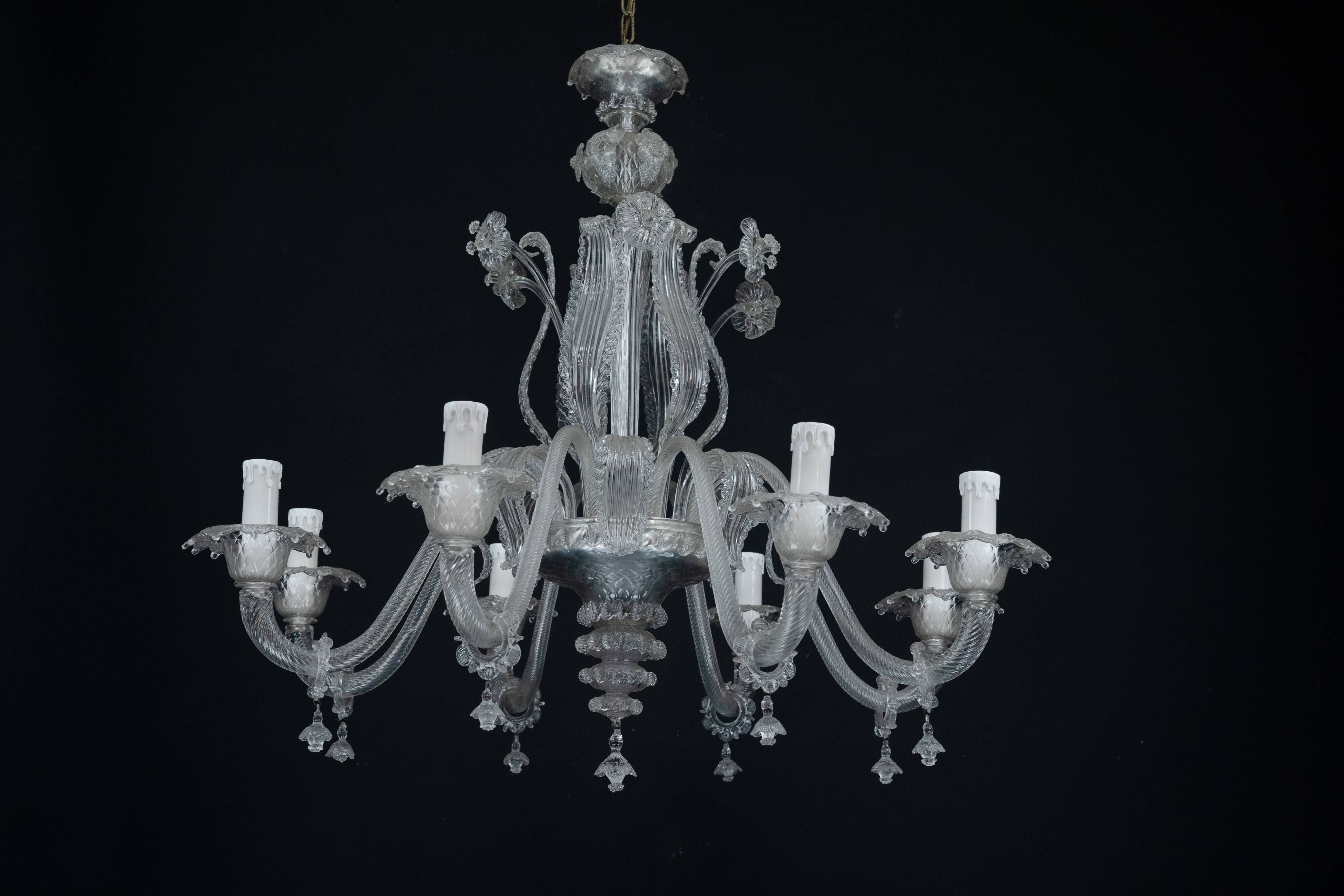 1940s Vintage Murano Clear Glass Chandelier, Classic Italian Art Glass