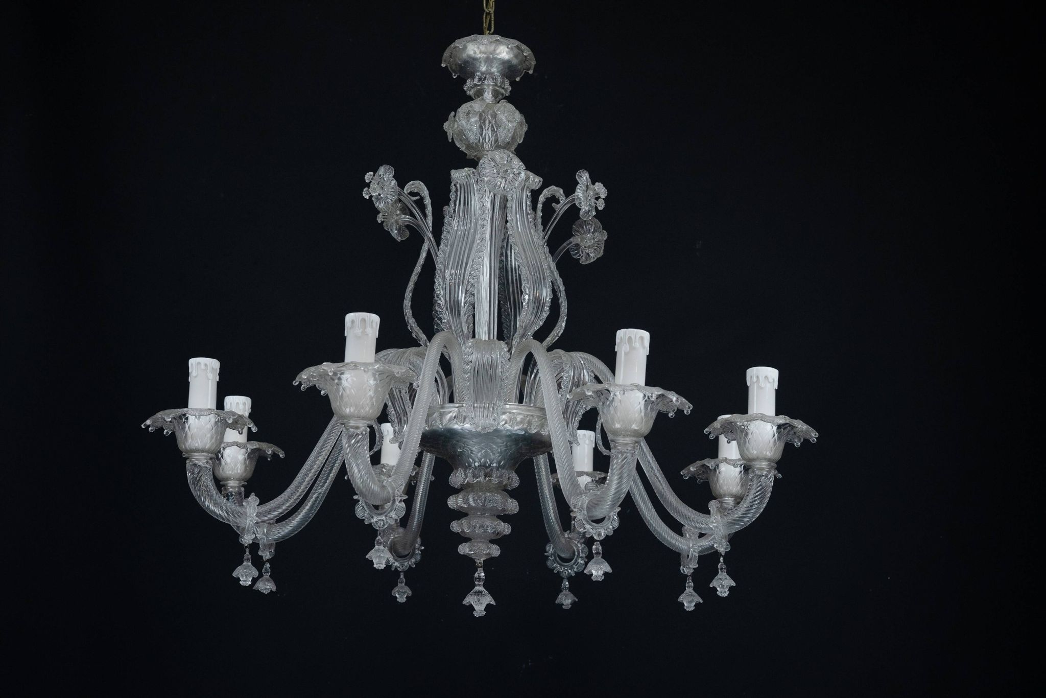 1940s Vintage Murano Clear Glass Chandelier, Classic Italian Art Glass