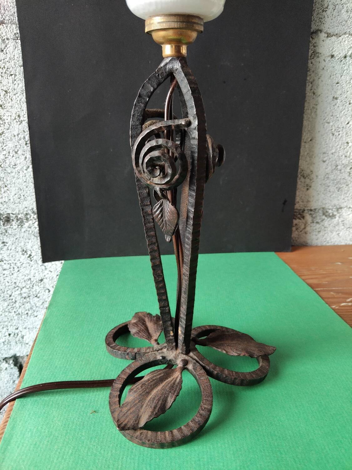 Hammered wrought iron lamp with white opaline Handmade craftsmanship