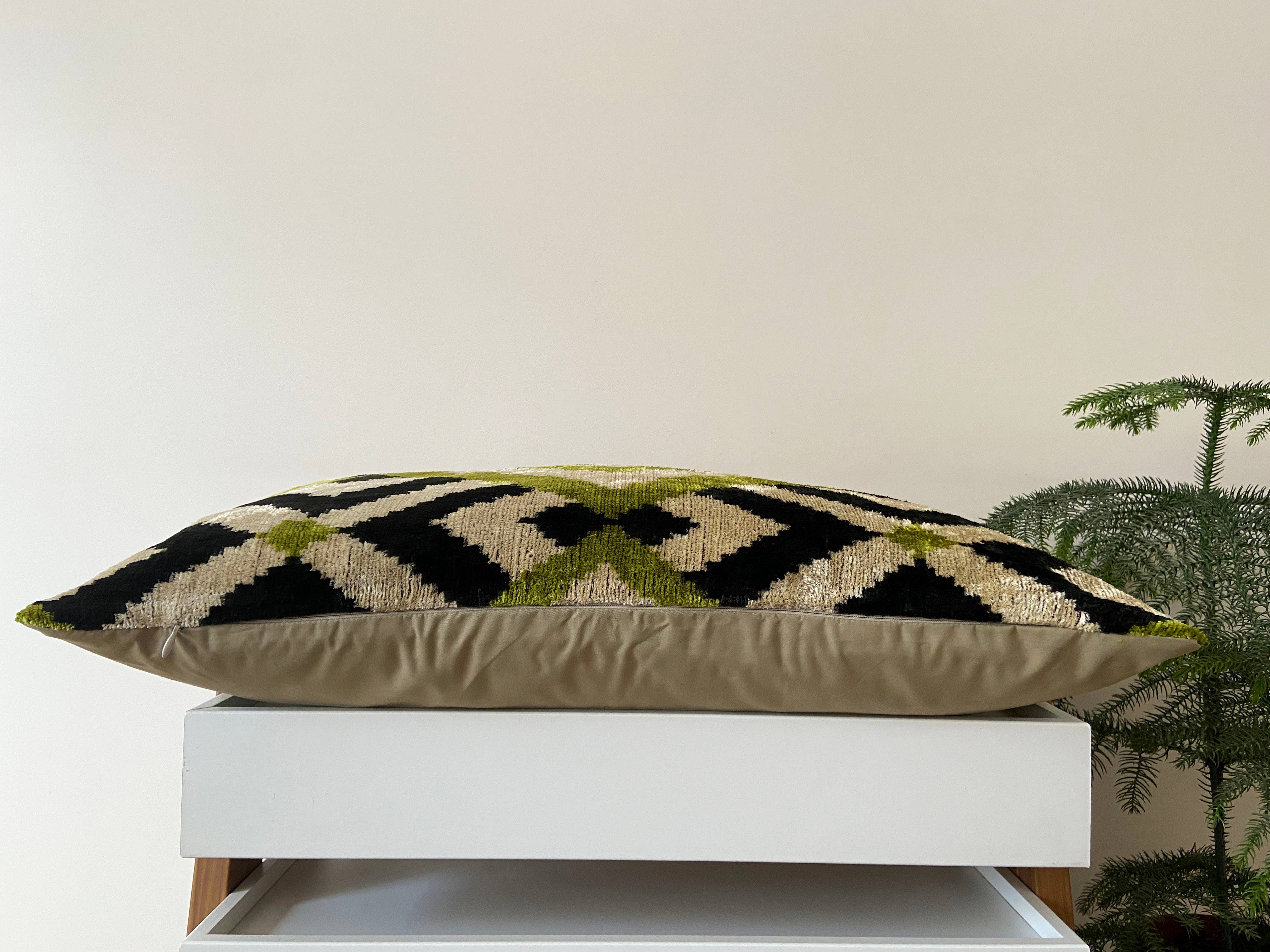 Velvet cushion Ikat green diamonds