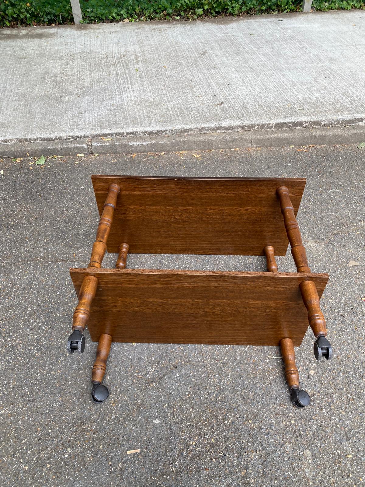 Vintage wooden rolling dessert trolley from the 1980s.