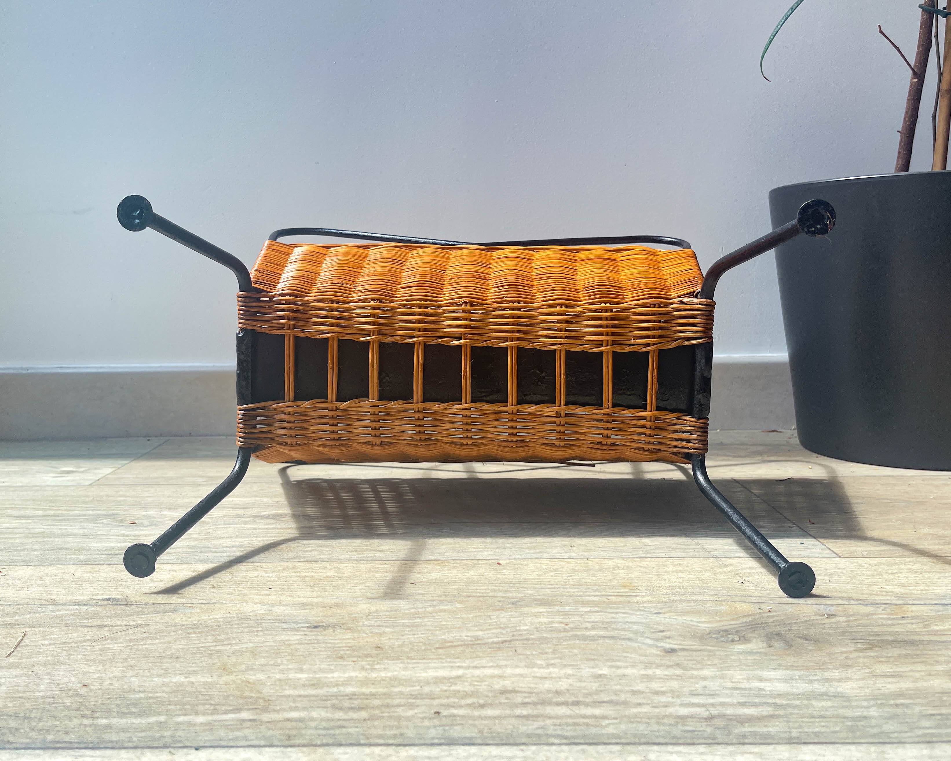 Vintage wicker and metal magazine rack 1970
