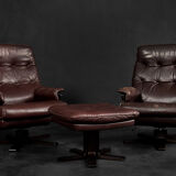 Vintage Mid-Century Scandinavian Modern Brown Leather Executive Swivel Chair & Ottoman, 1970s