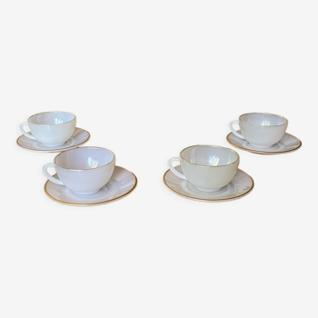 Arcopal cups and saucers in white opaline and gilding