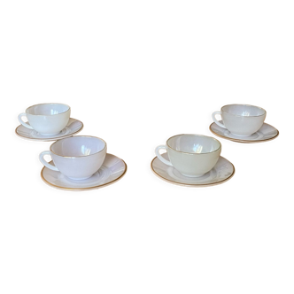 Arcopal cups and saucers in white opaline and gilding