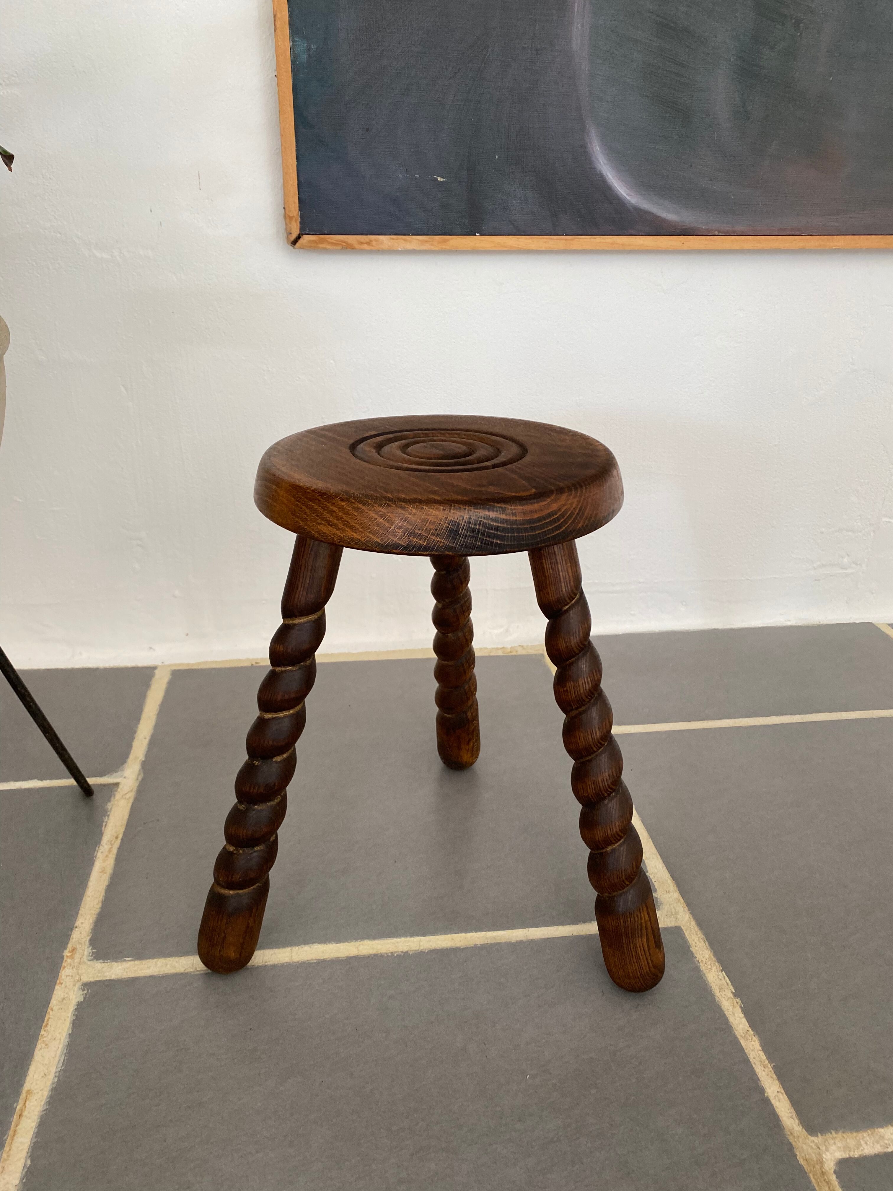 Vintage wood tripod stool turned