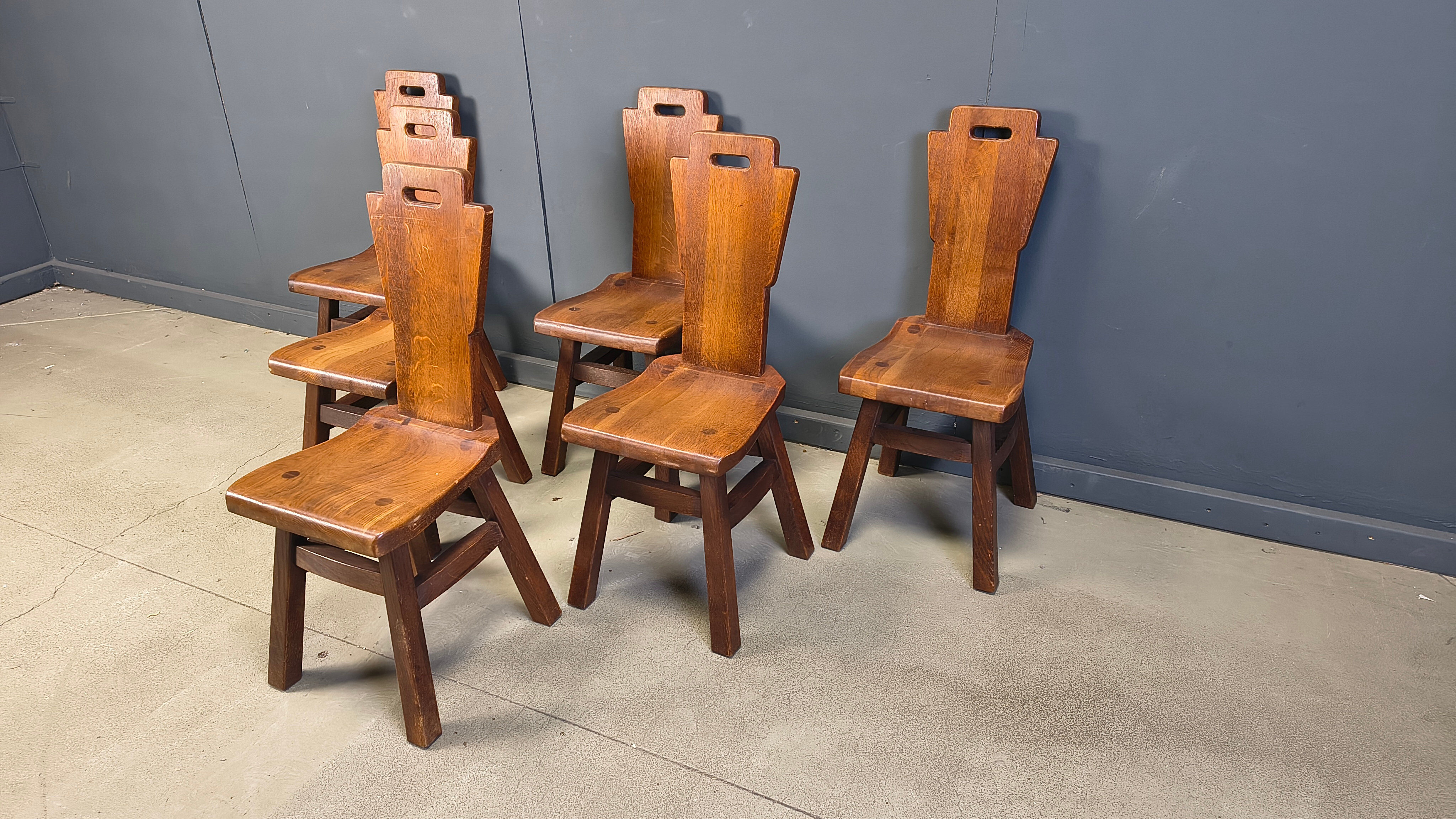 Vintage oak brutalist chairs, 1970s set of 6