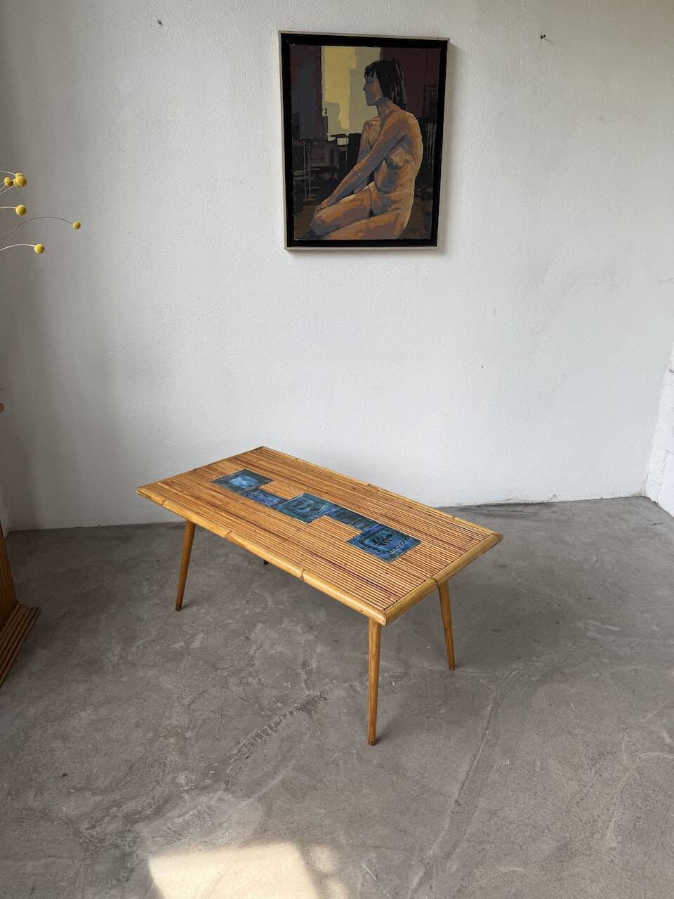 Rattan and ceramic coffee table, 60s
