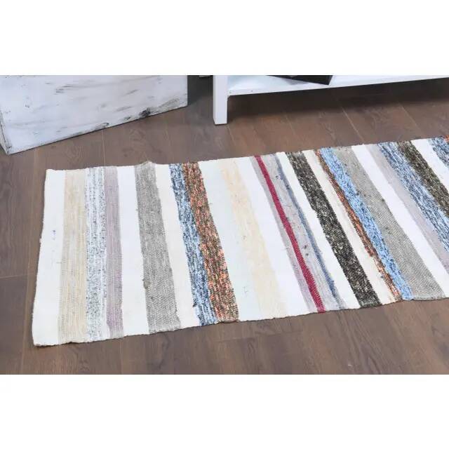 Vintage Turkish Hand-Knotted Wool Cotton White Kilim Runner Rug 60x196