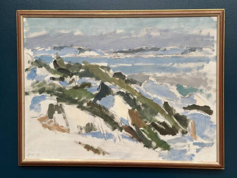Original Swedish Oil on Canvas – "Winter Landscape" by FMK – Dated 1943 – Vintage and Framed – 78 × 60 cm (30.7" × 23.6")
