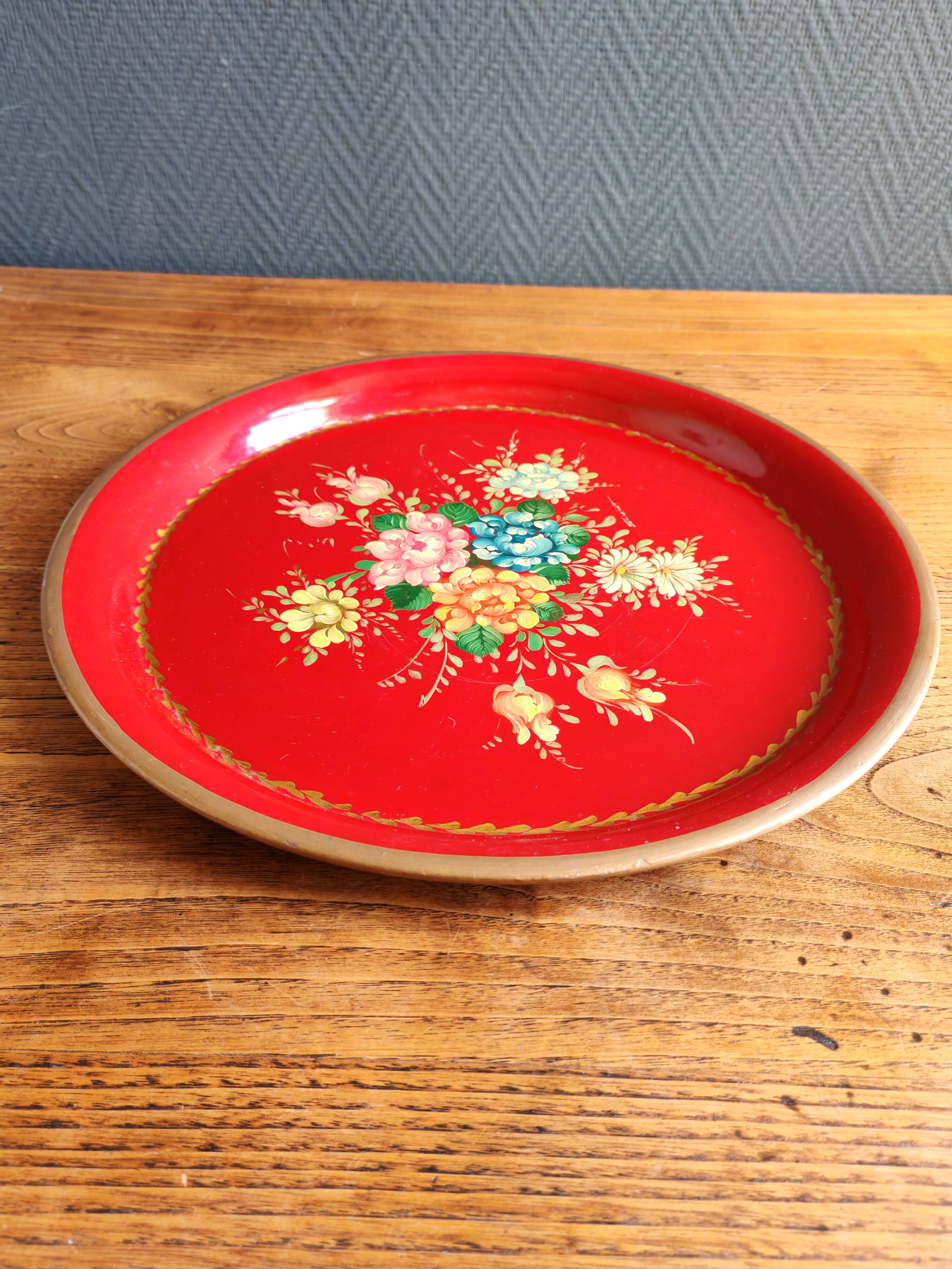 Old Red Plate Signed - Hand-Painted Floral Decoration