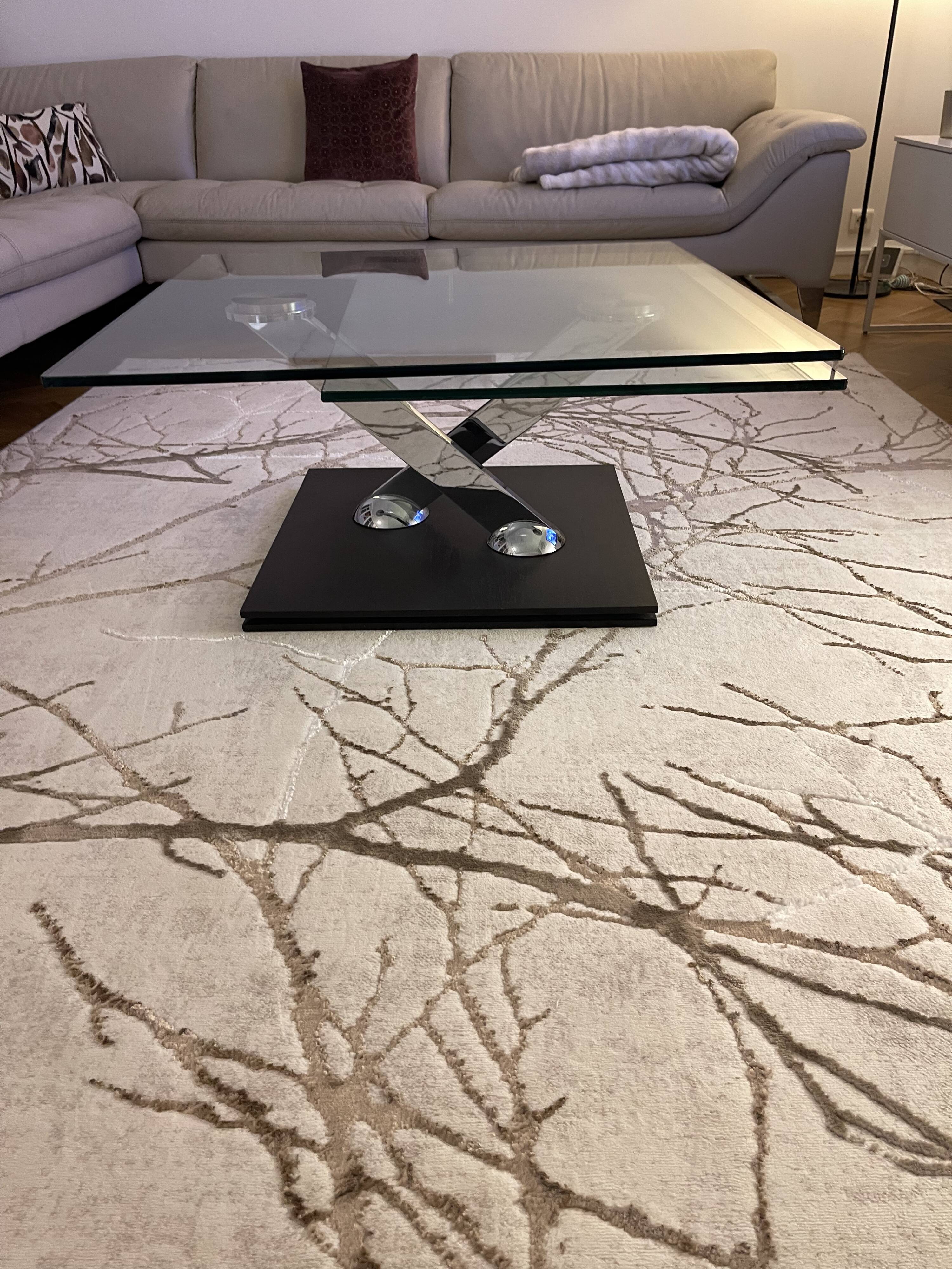 Table basse Roche Bobois – Double plateau verre & pied laqué noir