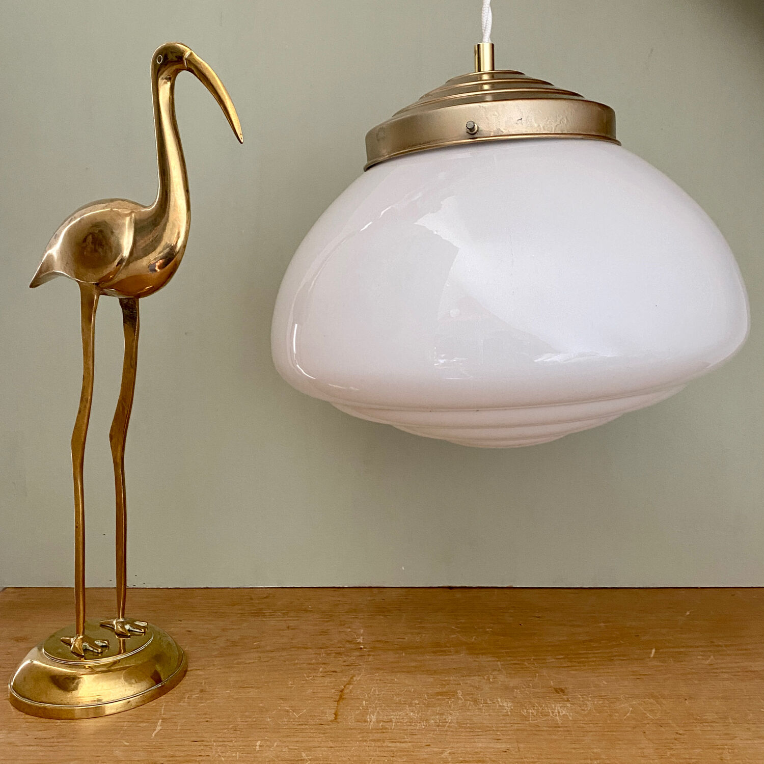 Vintage XXL art deco globe pendant light in white opaline