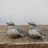 Duo of salt shaker and pepper in the shape of a bird in silver metal and its basket