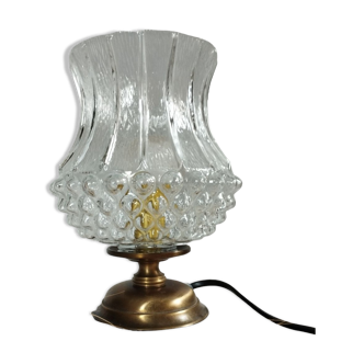 Table lamp with brass base, diamond-tipped textured globe, vintage